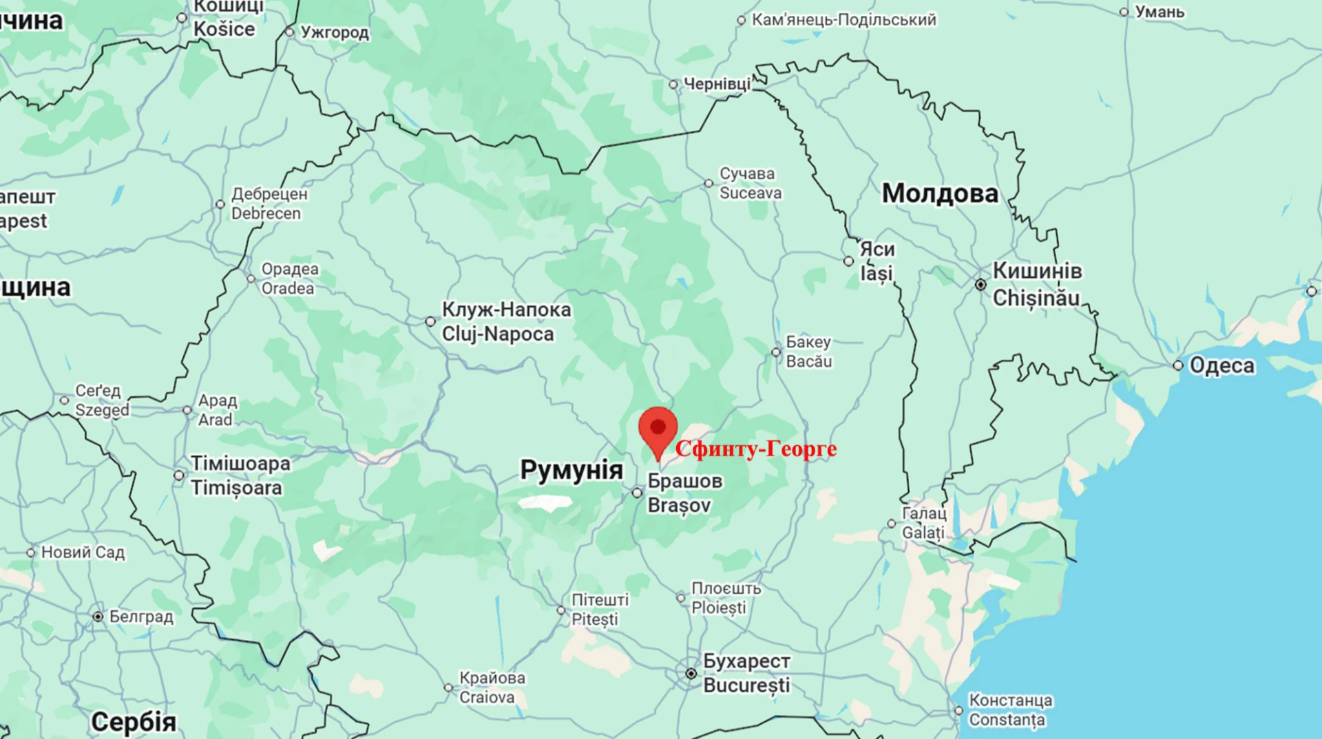 Позначення на мапі: населений пункт Сфанту-Георге в дельті Дунаю