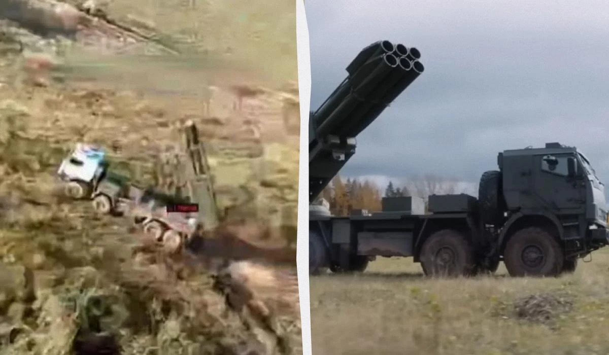 Кадр ураження російської РСЗВ «Сарма» ударним безпілотником на Добропільському напрямку, оприлюднений 1-м корпусом НГУ «Азов»